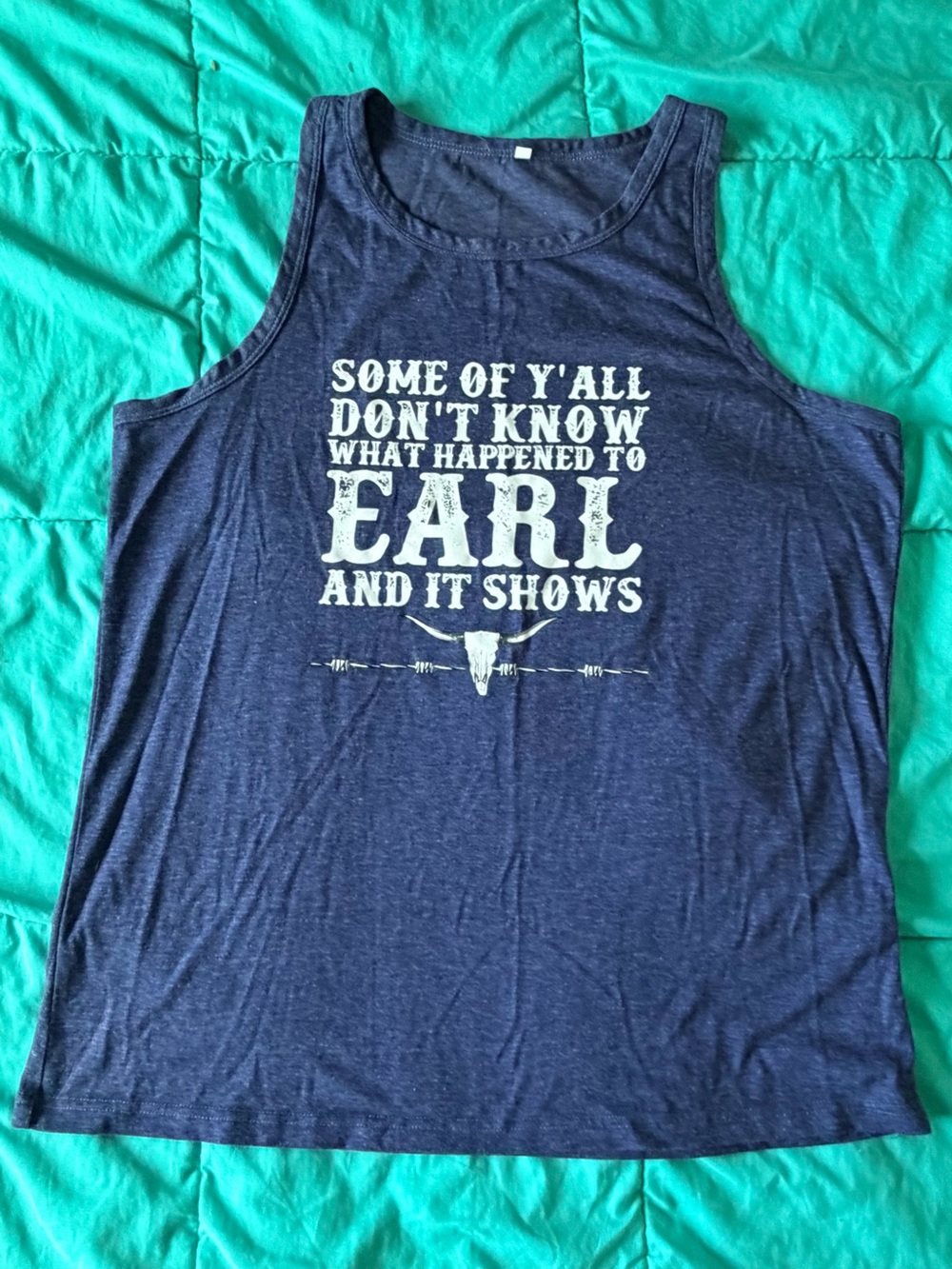Western Graphic Tank Top XL “What Happened to Earl” Navy Acid Wash